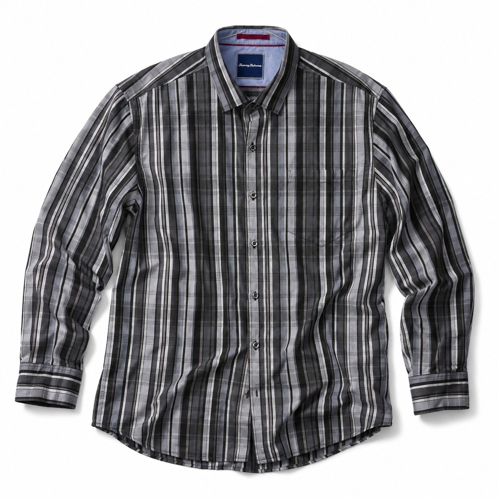 Tommy Bahama Plaid Button Up Shirt Gray Black Silk Cotton Men's XL Long Sleeve